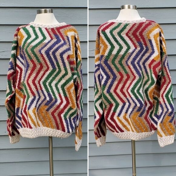 Vintage 90s y2k Biggie Cosby Zig Zag Multicolor Cotton Knit Pullover Sweater - Picture 5 of 5